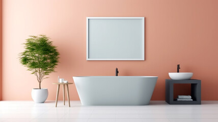 Fototapeta na wymiar Symmetry and Style: A Central Bathtub Defines the Minimalist Aesthetics of this Bathroom
