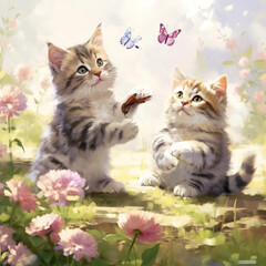 Watercolour  of cats playing with butterflies in the flowers garden Generative AI illustration