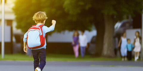 Boy with backpack going to school. Concept of back to school.. AI generated