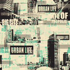 Abstract grunge seamless pattern with newspaper or magazine and urban landscapes. Modern building. Chaotic vector background on city life in retro style. Wallpaper, wrapping paper, fabric design