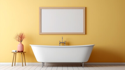 Fototapeta na wymiar Focus on Tranquility: A Central Bathtub Takes Center Stage in the Minimalist Bathroom