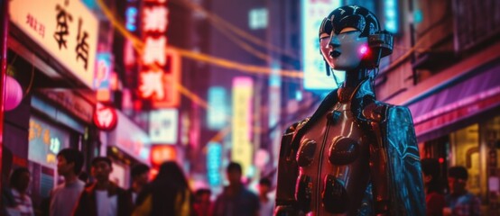 Obraz na płótnie Canvas A woman in a futuristic outfit in a city. Generative AI image.