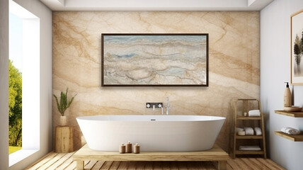 Fototapeta na wymiar Centered Luxury: A Minimalist Bathroom Features a Stylish and Relaxing Bathtub