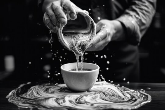 A person pouring something into a cup of coffee. Generative AI image.