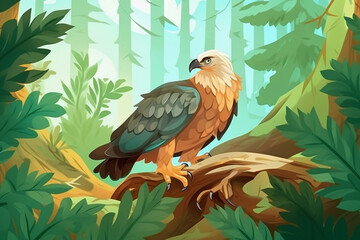 "illustration of a cute eagle seated on a branch in a green forest,  Perfect for Children's Book Illustration and Nature-themed Artwork, generative AI