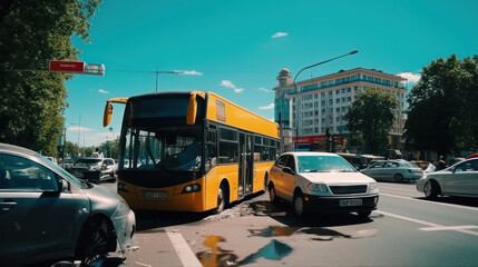 Fototapeta na wymiar passenger yellow bus and car among the wreckage after an accident on the road. accident and life insurance concept. Generative AI