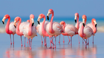 group of pink flamingos on water. generative ai - obrazy, fototapety, plakaty