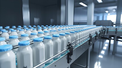 Obraz premium Bottles of milk getting packaged in a factory by machines. Created with Generative AI Technology.