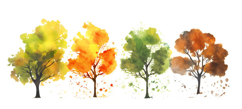 Watercolor Illustration painting Transition from Summer to Autumn Season in a Colorful Tree Forest with Falling Leaves,   Created by Generative AI