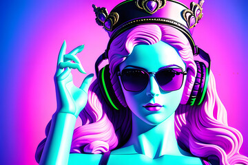 Fototapeta na wymiar Female electronic music queen statue in sci-fi style with big sunglasses and headphones, crown on head, neon bright color background. Generative AI.