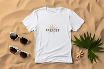 A white t - shirt with the word patacet on it next to sunglasses and a palm leaf. Generative AI image. - obrazy, fototapety, plakaty