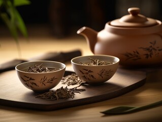 Fototapeta premium Hojicha tea in an elegant ceramic teapot, accompanied by matching teacups on a textured wooden table