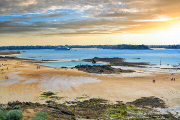Skyline of the English Channel coast, beaches and water area with ships and pleasure boats. Saint-Malo. La Manche, France