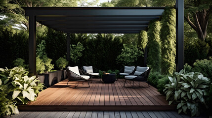 Discover the Luxurious Outdoors: Where a Teak Deck and Modern Black Pergola Create a Garden Haven with generative AI Technology