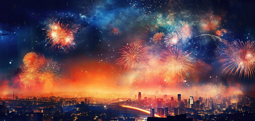 Fototapeta premium Bright colorful fireworks on a dark background. Generative ai