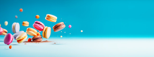 Fototapeta na wymiar Holiday sweet food banner with flying cake macaron or macaroon on blue background. Testy, healthy dessert. Colorful almond french cookies. Front view, copy space. Generative ai