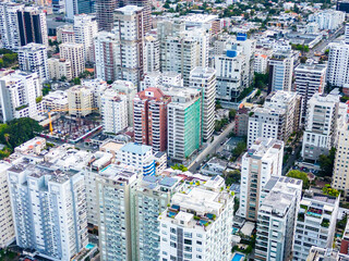 Fototapeta premium Aerial view of skyscrapers and office buildings in downtown. Dominican Republic, Santo Domingo