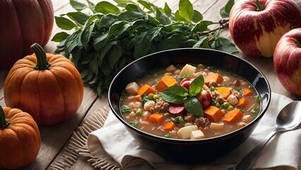 pumpkin soup with vegetables and mushrooms