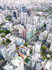 Vertical aerial view of the city center. Skyscrapers and office buildings in downtown. Dominican Republic, Santo Domingo