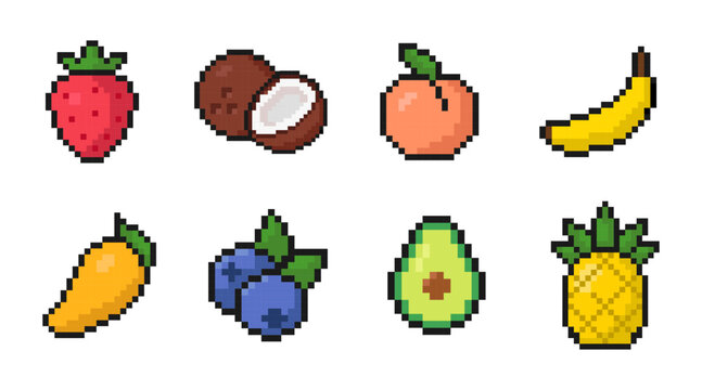 pixel fruit icon set for games or mobile apps, colorful pixel art, old style 8 bit icons, vector collection