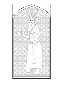 minature asia vector of a young guy with wine on the background of oriental ornament background 