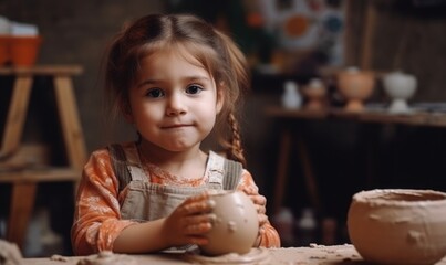 Cute little kid playing with modeling clay in pottery workshop, generative AI - obrazy, fototapety, plakaty