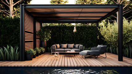 Discover the Luxurious Outdoors: Where a Teak Deck and Modern Black Pergola Create a Garden Haven with generative AI Technology