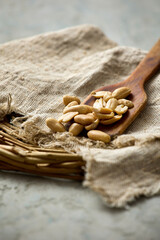 On a wooden kitchen spatula, several nuts are laid out on burlap. A healthy snack on a gray background in the form of nuts on a wooden spoon