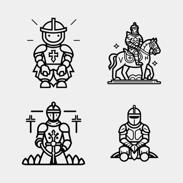 set of medival knight vector isolated on white background