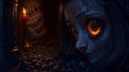 horror scene doll face with burning eyes Halloween background
