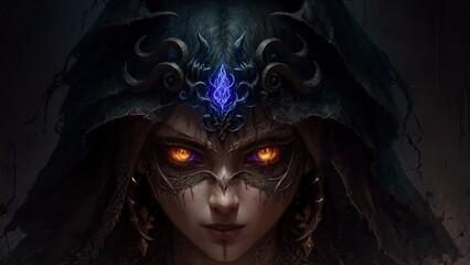 a female face with burning eyes in a hood 