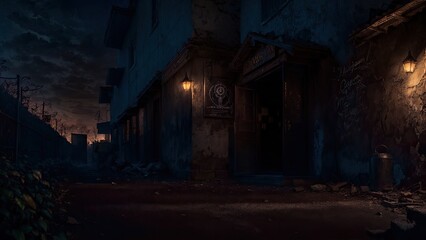 an evening street with a burning lantern