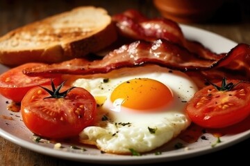 Fototapeta na wymiar English breakfast with fried eggs, bacon, sausages, beans. Generated by AI