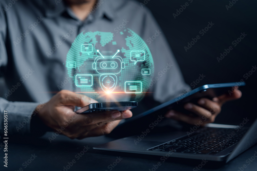 Poster Businessman using robot ai in smartphone intelligence Ai.Chat bot with AI Artificial Intelligence, developed by OpenAI generate. Futuristic technology, robot in online system.