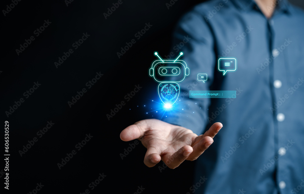 Poster Businessman using robot ai in smartphone intelligence Ai.Chat bot with AI Artificial Intelligence, developed by OpenAI generate. Futuristic technology, robot in online system.