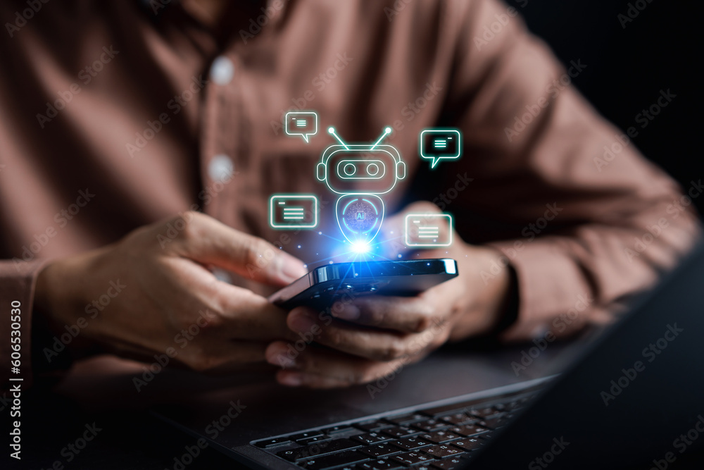 Poster Businessman using chat bot in smartphone intelligence Ai.Chat bot with AI Artificial Intelligence, developed by OpenAI generate. Futuristic technology, robot in online system...