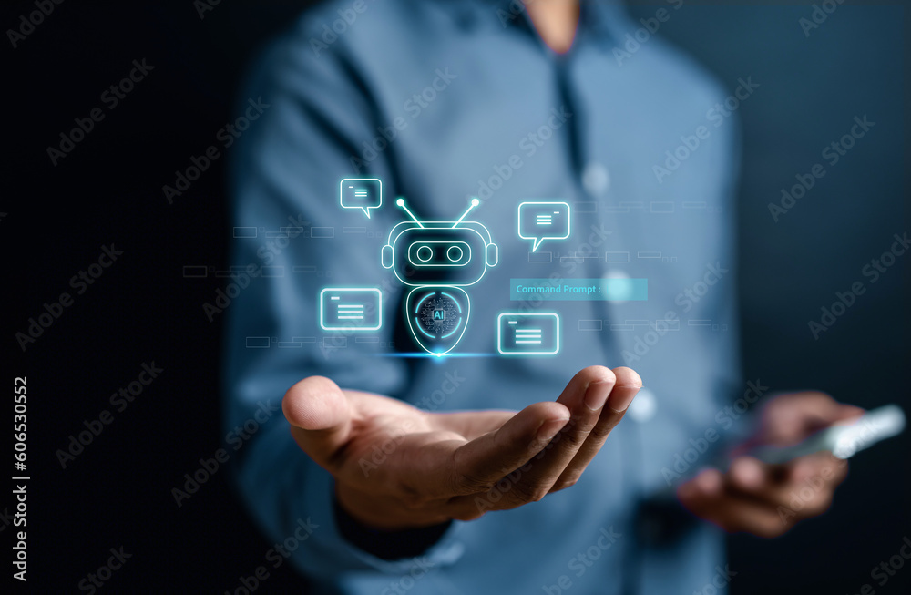 Poster Businessman using robot ai in smartphone intelligence Ai.Chat bot with AI Artificial Intelligence, developed by OpenAI generate. Futuristic technology, robot in online system.