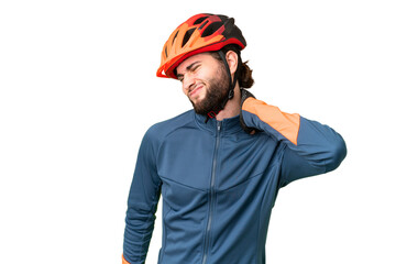 Young cyclist man over isolated chroma key background with neckache - obrazy, fototapety, plakaty