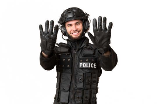 SWAT over isolated chroma key background counting nine with fingers