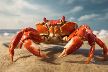 Picture of a a crab on the beach on a sunny day - created with generative AI - enhanced by the artist - obrazy, fototapety, plakaty