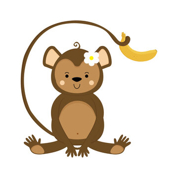 Monkey. With banana. Cute, bright. Side view. Icon for website, animal app. Clipart for an educational game for children. Vector flat illustration, cartoon style.