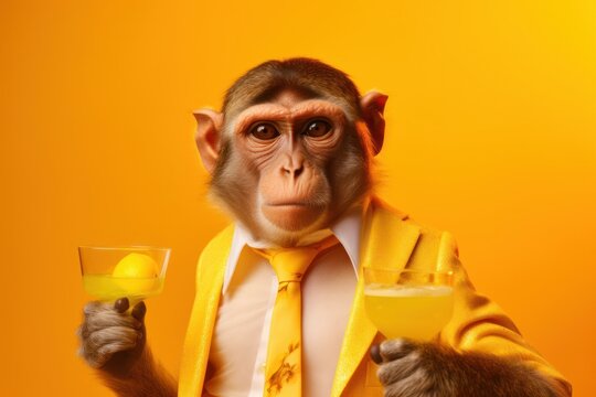 Cute monkey holding beverage glass on yellow background. Generative AI