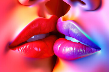 Abstract image, illustration or vector, in the colors of the rainbow flag, close up of the lips of two women touching one another in a kiss. Lesbian, lgbt concept art.