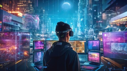Depict a skilled cyberpunk hacker in a futuristic setting, surrounded by holographic interfaces, intricate code, and virtual reality elements - obrazy, fototapety, plakaty