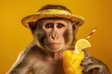 Cute monkey holding beverage glass on yellow background. Generative AI
