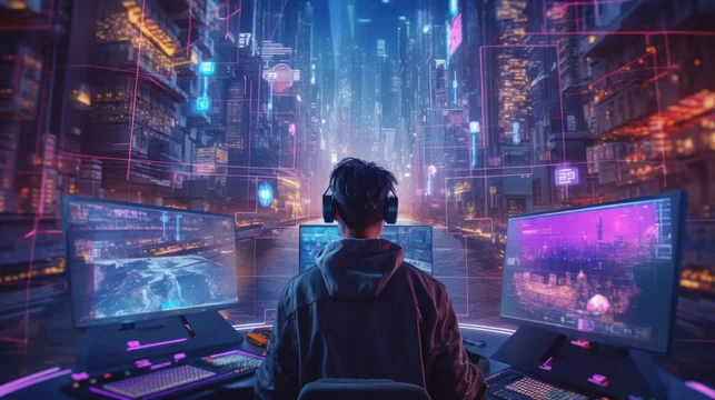 Within a cyberpunk cityscape, a skilled hacker navigates a web of virtual  reality interfaces