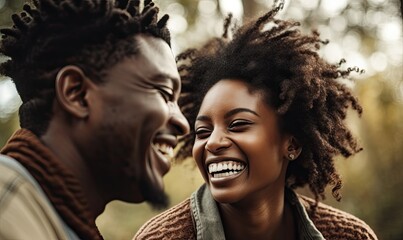 Black couple laughing and talking together outdoors, generative AI