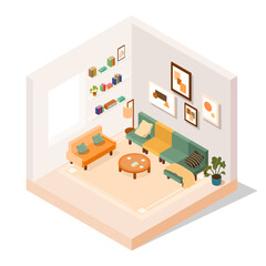 Vector isometric cozy living room  earth tone furniture decoration , comfy sofa .