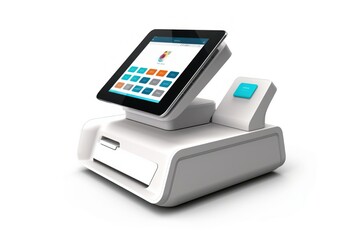 Close-up view of a modern point of sale system with touchscreen display and receipt printer, isolated on a white background, generative ai