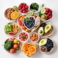 Get your daily dose of vitamins, minerals, antioxidants, and fiber with colorful heart-shaped platter of fresh fruits and vegetables. Perfect for plant-based, vegetarian, vegan diets. AI Generative.